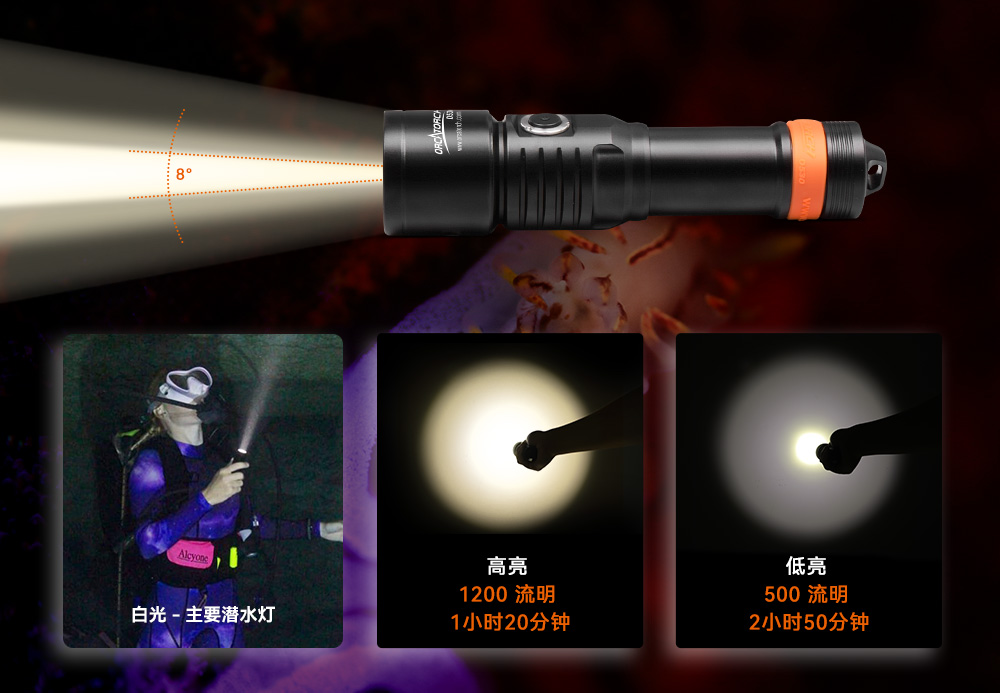 D530暖光5000K 潛水手(shǒu)電(diàn)筒,休閑潛水照明,休(xiū)閑(xián)潛水手電筒,休(xiū)閑潛水補(bǔ)光燈,草莓视频官网OrcaTorch